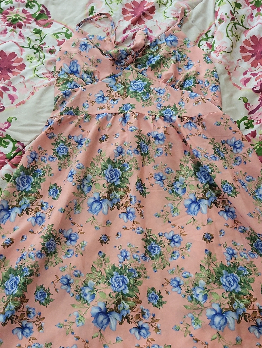 Girls Pink Floral Sundress with Blue Rose Print